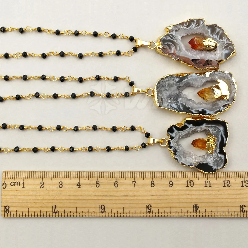 WT-N974 Wholesale Custom Natural Geode A g a t e With Charm Pendant Necklace Black Rosary Chain Trendy For Women | Украшения и