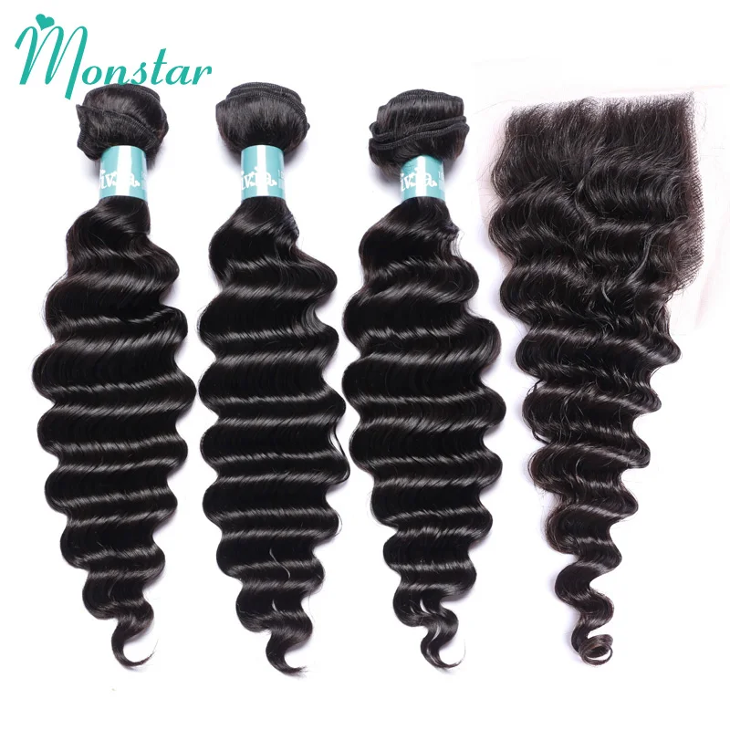 Monstar бразильский Волосы remy свободные глубокая волна Связки с закрытием 12 30 дюймов