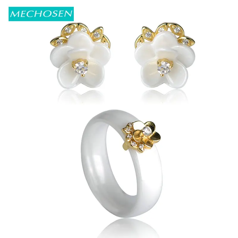 MECHOSEN Bridal Jewelry Sets Earrings&ampRings White/ Black Ceramic Smooth Aros Gold Color Copper Flower Aretes Parure Bijoux Femme |