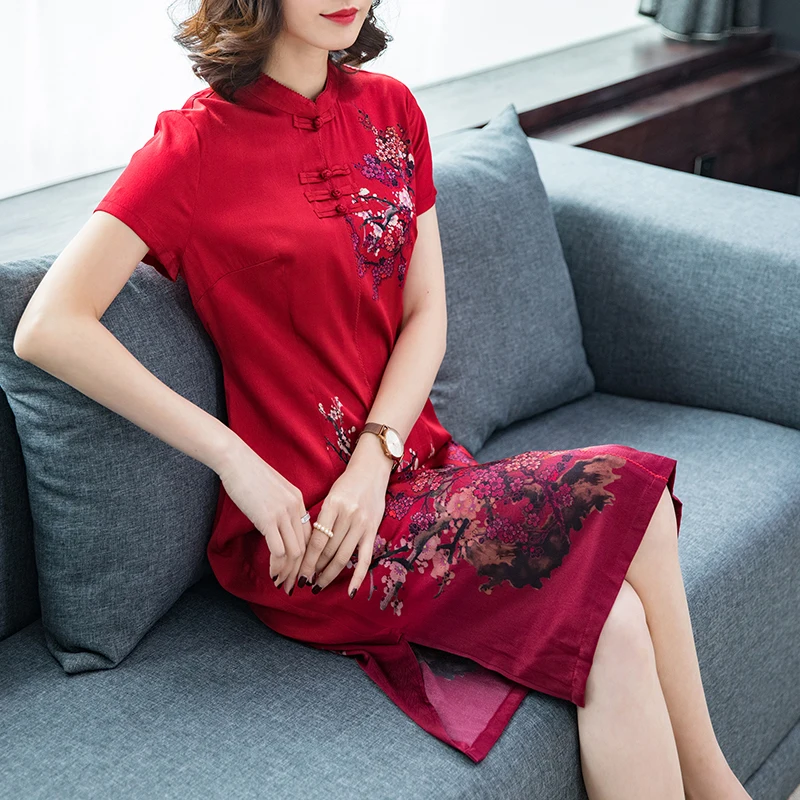 Китайское шелковое платье высокое качество большие размеры миди с воротником