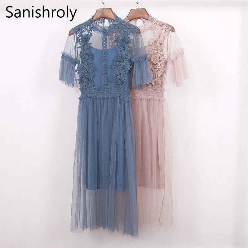 Женское Сетчатое платье Sanishroly Летнее Длинное плиссированное с коротким рукавом