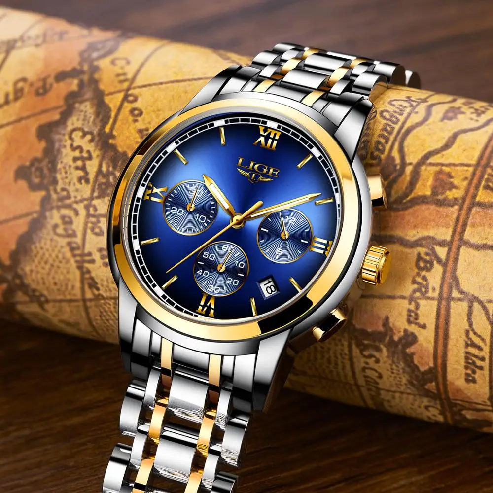 Montre Homme Часы мужские люксовый бренд LIGE Хронограф Мужские спортивные часы водонепроницаемые полностью Стальные кварцевые мужские часы Relogio Masculino