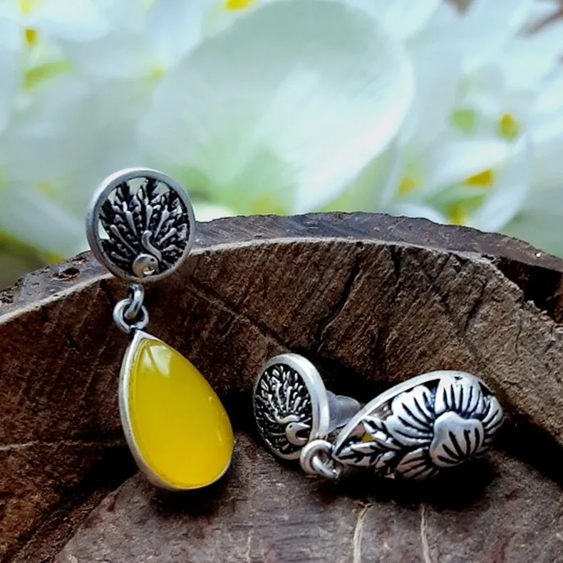 NOT FAKE S925 Fine Poland Earrings 925 Sterling Silver Women Antique shop noble Nature Retro Exquisite citrine Amber life tree