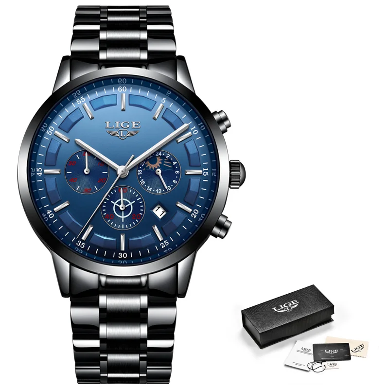 Black blue Relojes часы мужские LIGE модные спортивные кварцевые часы мужские s часы Топ бренд класса люкс Бизнес водонепроницаемые часы Relogio Masculino - Цвет: Black blue