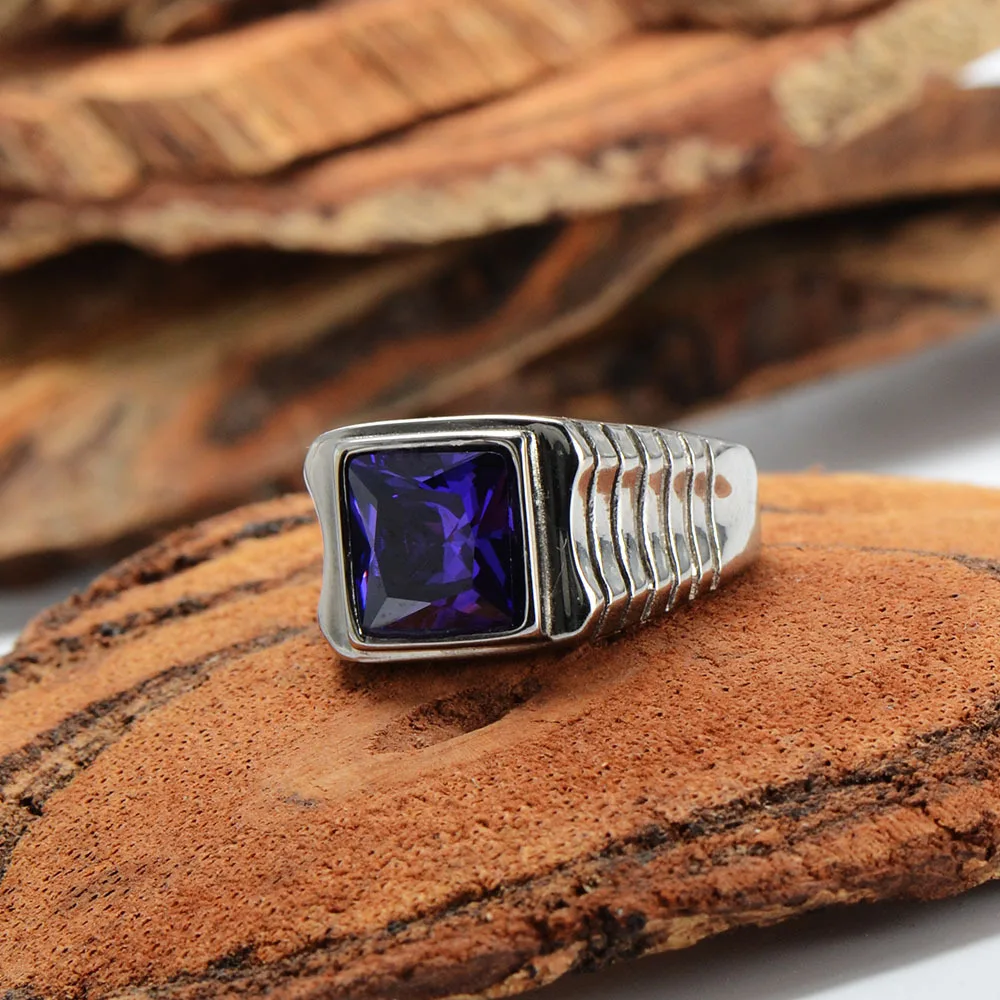 Мужское серебряное кольцо с черным камнем квадратное из нержавеющей стали