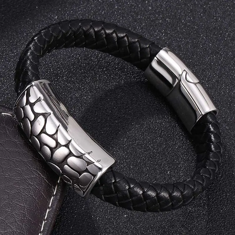 2019 Мужские украшения панк черный плетеный кожаный браслет цепь из нержавеющей