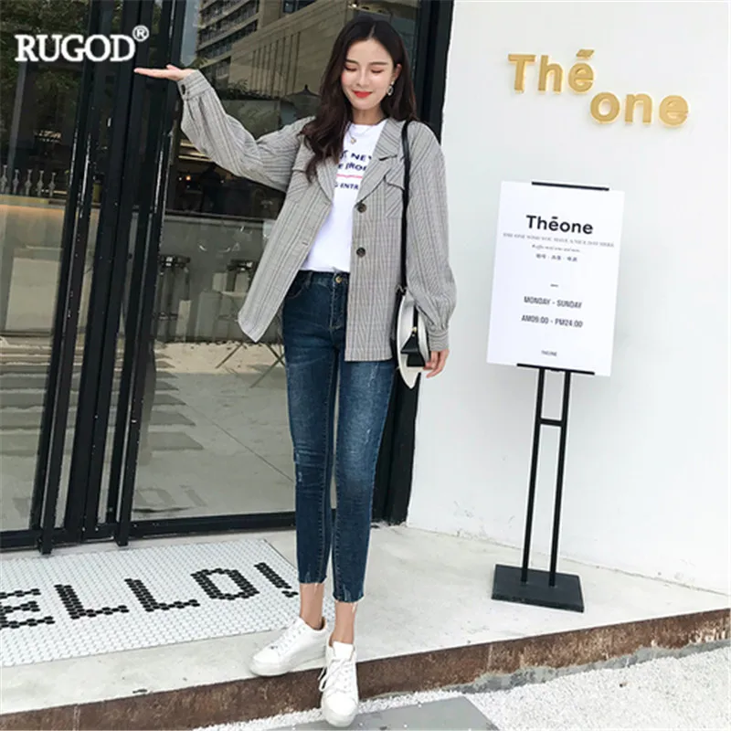 

RUGOD Elegant Belted Long Sleeve Gray Blazer Women Fashion Notched Single Breasted Blaser Plaid Jacket Plus Size Office Lady