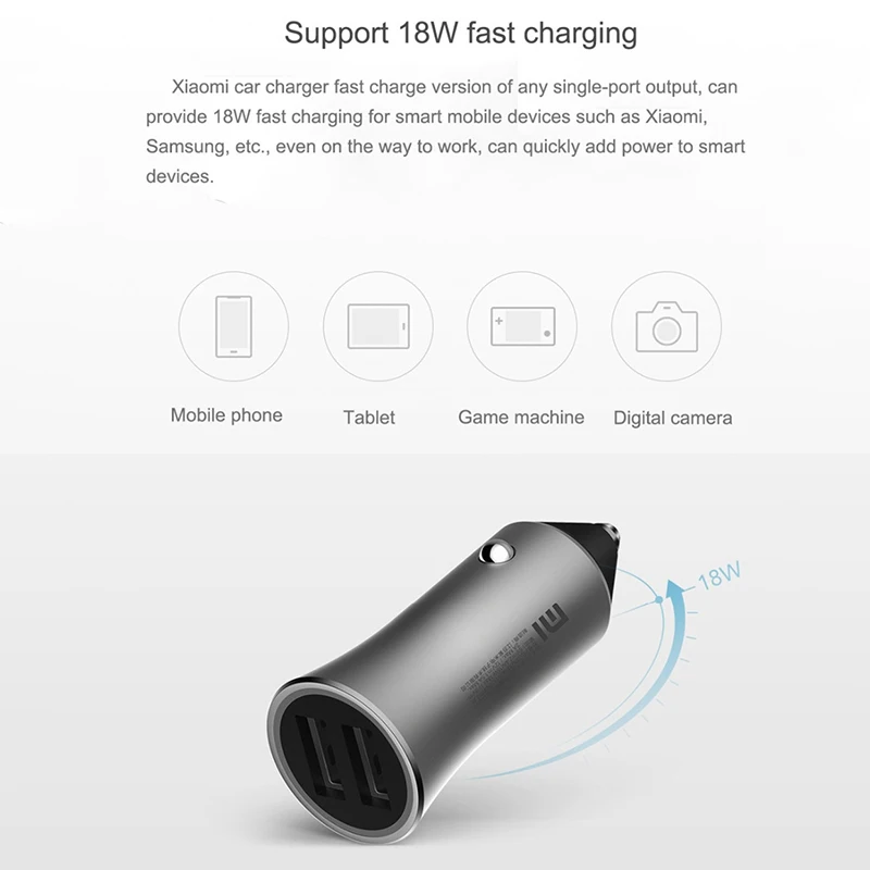 Оригинальное Xiaomi Mi автомобильное зарядное устройство с двумя usb-портами Быстрая зарядка 5 В/2,4 А 9 В/2 а 12 В/1,5 А макс. 18 Вт Быстрая зарядка с подсказками светодиодный светильник