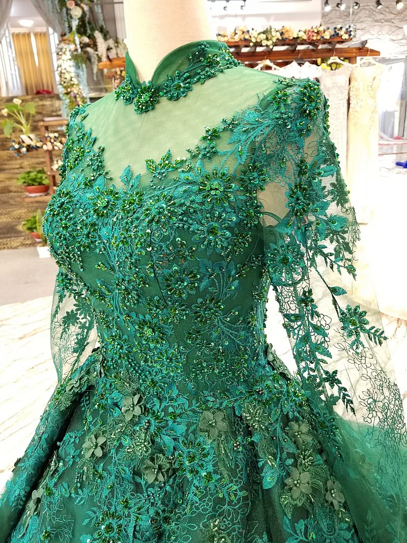 Emerald Green Crystal Sequins Evening Dresses 2017 Modest Illusion Long Sleeve Arabic Dubai Prom Dress Formal Gown