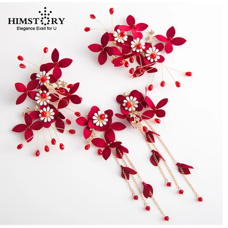 

HIMSTORY Charming Red Flower Women Prom Headpiece Bridal Hairpins Wedding Headband Hair Pins Accessories
