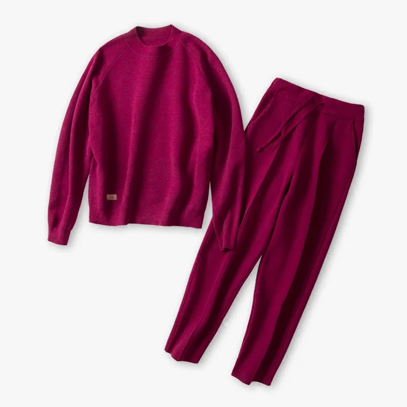 

2020new cashmere cotton wool blend thick knit women fashion sweatshirts tracksuit pullover pant 2pcs/set beige 4color S-XL