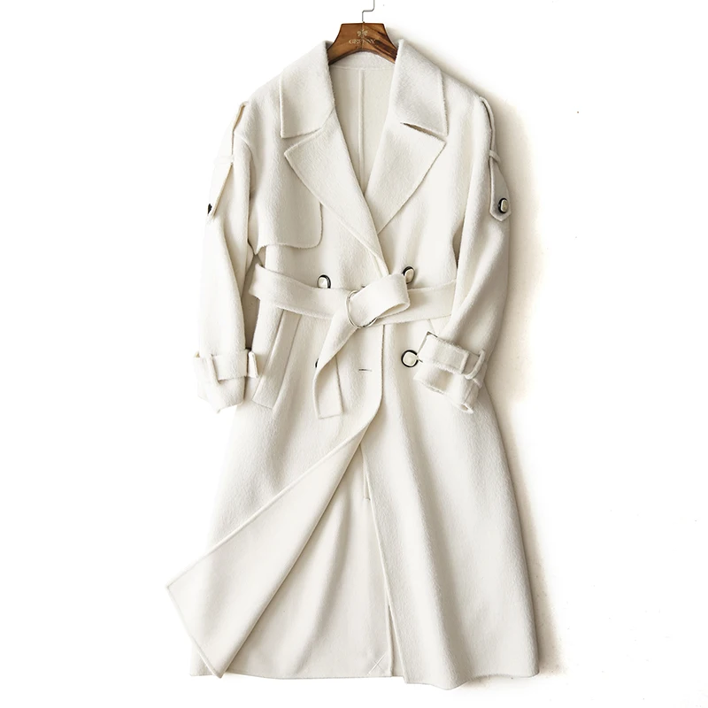 Женское пальто из овечьей шерсти Wsfs белое теплое с поясом и длинным рукавом