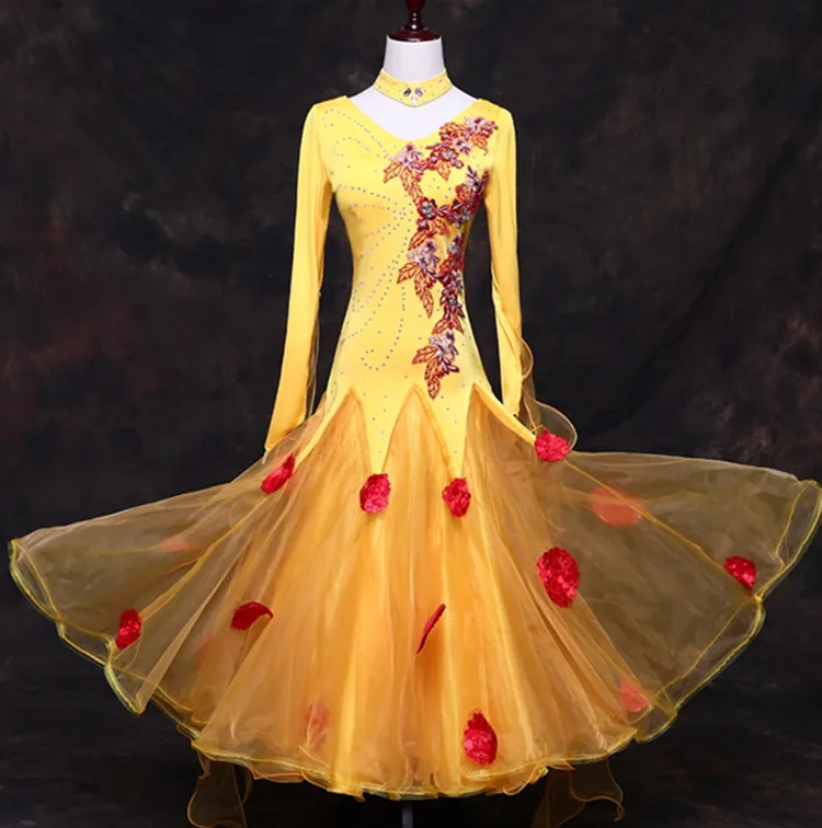 Желтые стандартные платья для бальных танцев, вальса, современных танцев, платья для конкурсов Танго, Лисий костюм