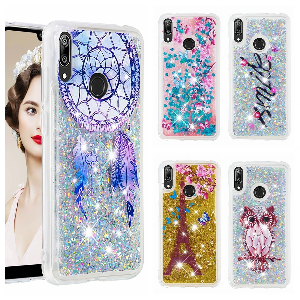 Etui huawei Y5 Y6 Y7 Y9 Prime чехол для телефона с блестящей совой динамичный жидкий зыбучий песок чехол для huawei Y5 Y6 Y7 чехол