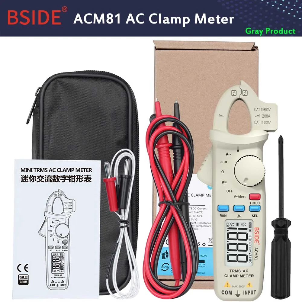 ACM81-Gray BSIDE ACM81 TRMS Токоизмерительные клещи, точность 1 мА, автоматический Звонок, цифровой мультиметр, ток, напряжение постоянного тока, переменного тока, Ом, диод, НТС, тестер температуры - Цвет: ACM81-Gray