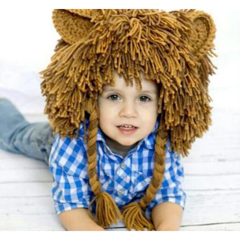 Autumn Winter Baby Wig Hat  Knitted Handmade Toddler Kids Lion Hat Caps Boys Girls Cosplay Party Fun Hat Beanie Halloween