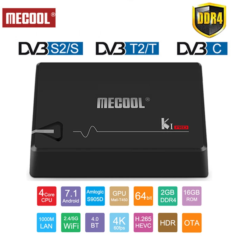Mecool KI PRO Android 7 1 ТВ Box Amlogic S905D 4 ядра 64 бит DVB T2 S2 C 2 Гб DDR4 16 Встроенная память Smart