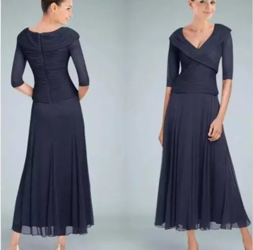 Элегантное платье vestido novia, шифоновое простое свадебное платье для гостей, вечерние платья с v-образным вырезом, темно-синие шифоновые платья для матери невесты