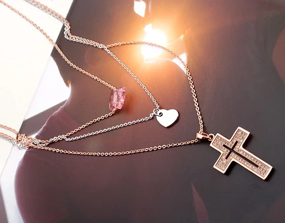 

ANNGILL Boho Choker Necklace Crystals from Swarovski Cross Heart Pendants Necklace Fashion Multilayer Chain Necklaces for Women