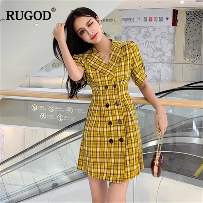 RUGOD, новое летнее женское платье, костюм с зубчатым воротником, короткий рукав, двубортное прямое мини платье, одежда для офисных леди