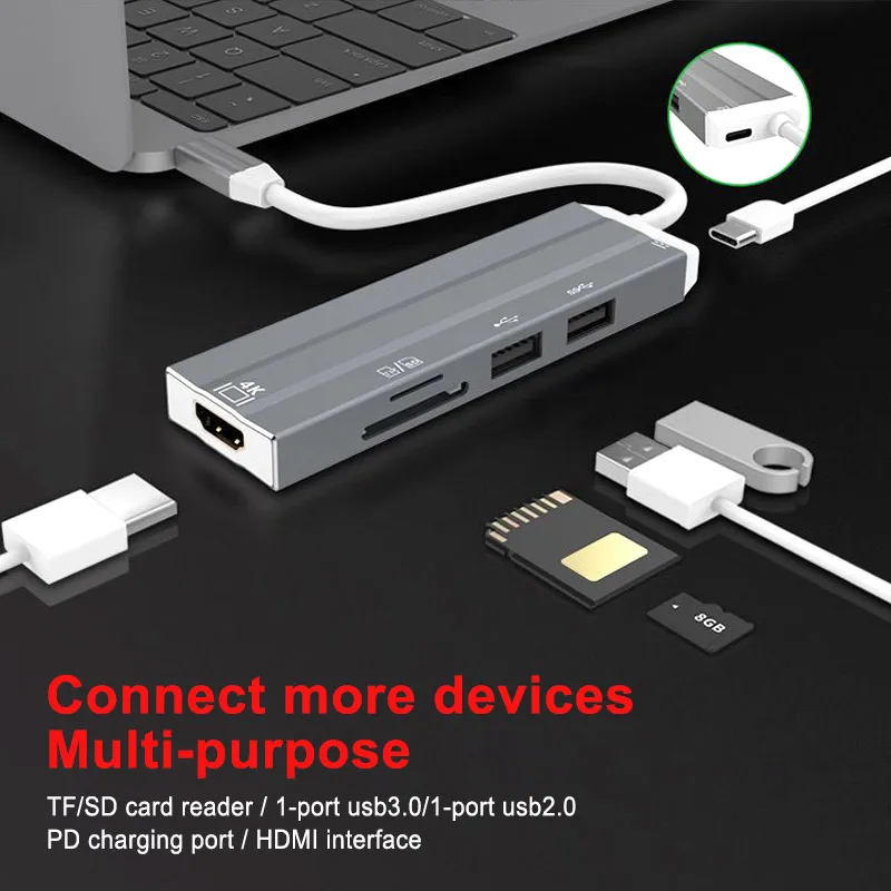 6 In 1 Type C Adapter To HDMI USB2.0 3.0 Multi Function USB-C Converte to SD/TF Hub For Laptop Macbook Samsung Huawei