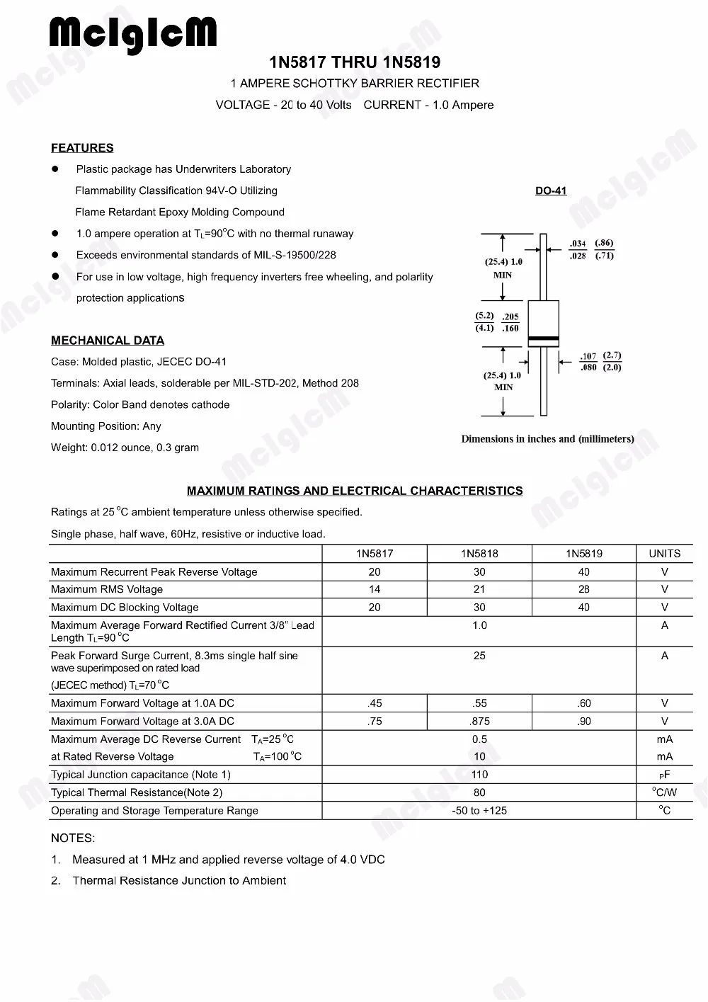 MCIGICM 100 шт. IN5817 DO 41 1A 20V диод Шоттки 1N5817|schottky diode|1n5817 schottky diodeschottky diode 1a |