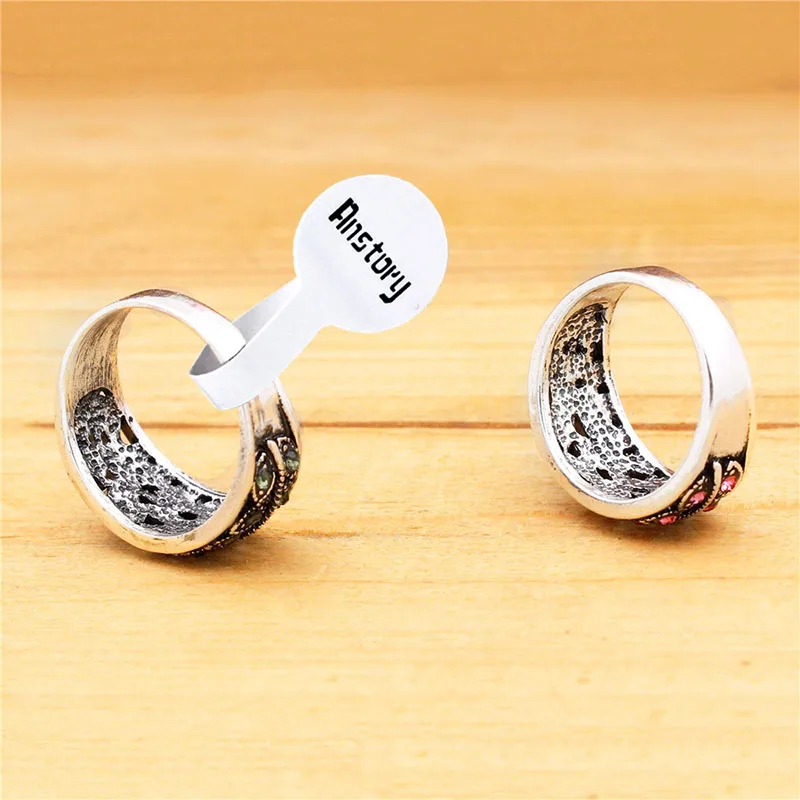 Листьев растений Кристалл Кольца для Для женщин Винтаж старинное серебро