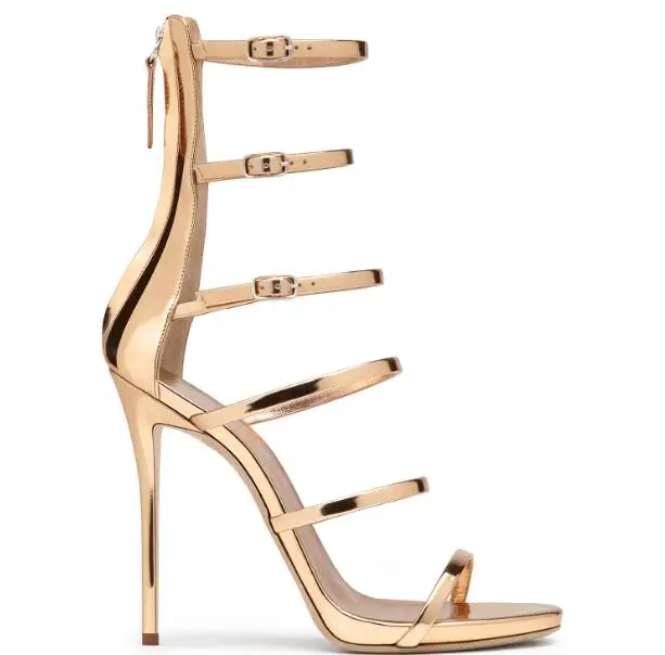 Женские кожаные босоножки с 6 ремешками золотистые на шпильке и застежкой