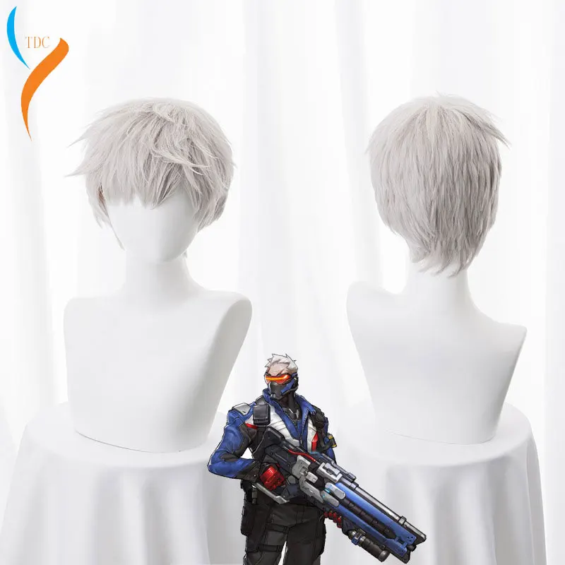 Фото New Arrival Game Cosplay Wig 30cm Short Straight  Hair Soldier 76 Jack Morrison  Wig for Man Boy Costume Party Silver Grey №1