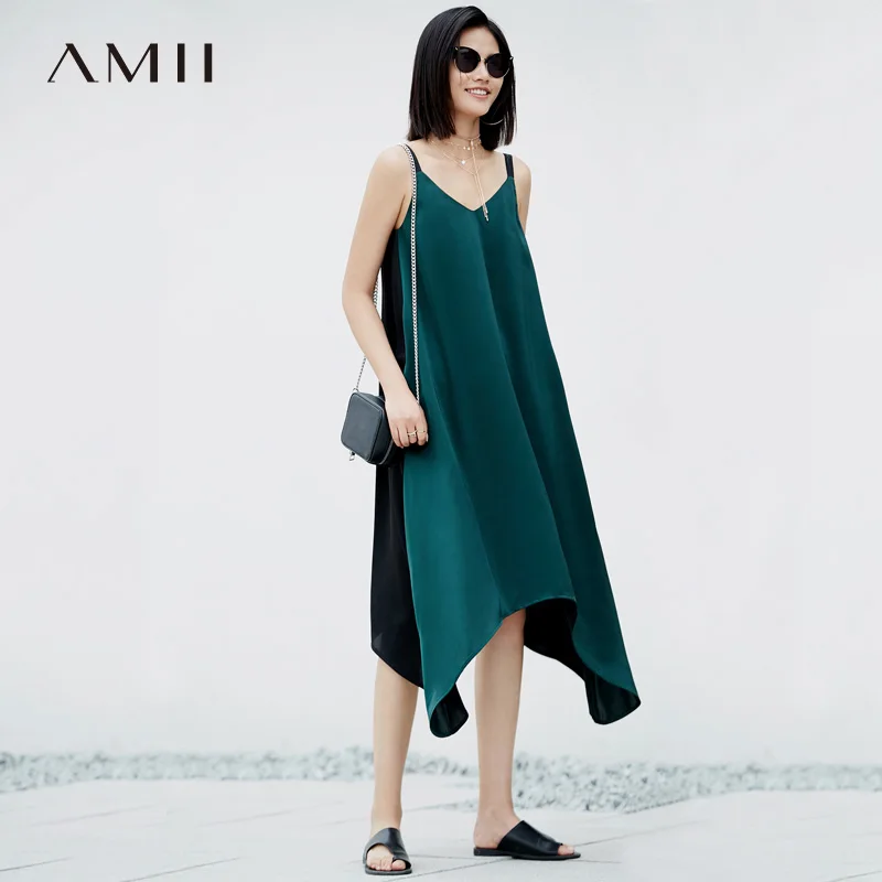 Amii Women Elegant 2018 Summer Dress Spaghetti Strap Asymmetric Patchwork V Neck Female Dresses | Женская одежда