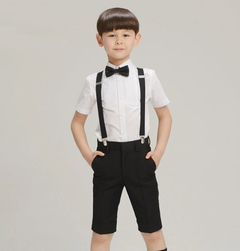 Summer Kids Boys Shorts Clothing Set Children Formal Clothes Wedding prom Suits 4pcs(Shirt+Shorts+Belt+tie) Quality |