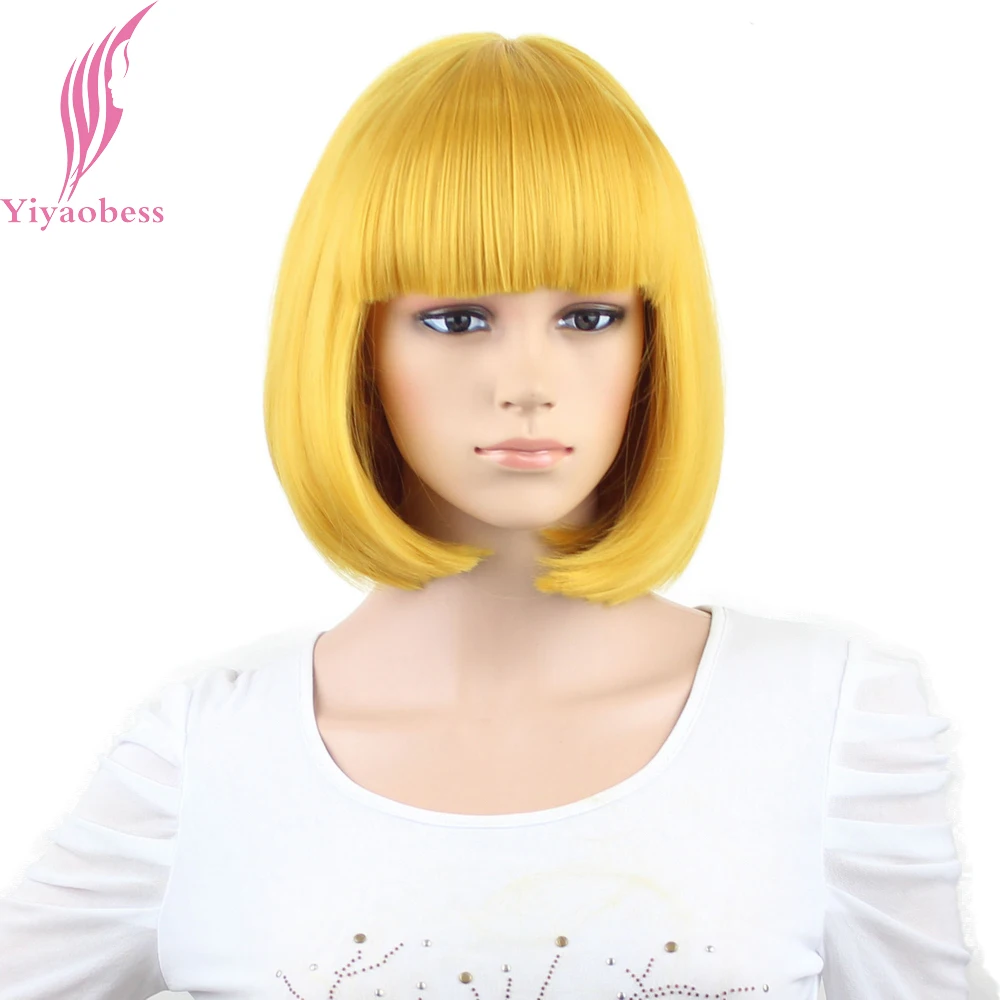 Yiyaobess Synthetic 10inch Straight Short Bob Wigs Bangs Blue Golden Red Black White Purple Pink Green Brown Cosplay Wig Female