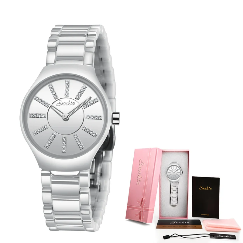 Silver white SUNKTA, модные, простые, стильные, женские часы, Лидирующий бренд, Роскошные, керамические, кварцевые часы, женские, браслет, часы, MS, Zegarek Damski - Цвет: Silver white