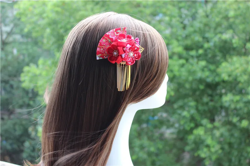Японский стиль tsuami Kanzashi Розовый Красный кисточки Цветок сакуры веер кимоно аксессуар ручной работы заколка для волос HW002