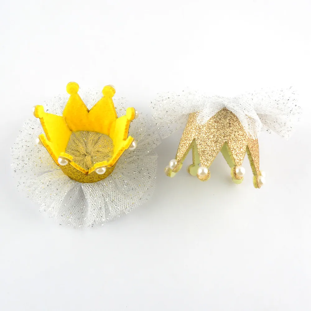 Золотая фетровая корона с белыми фатиновыми цветами незаконченная 1-я годовщина фотоаксессуара DIY ободок для волос GC05.