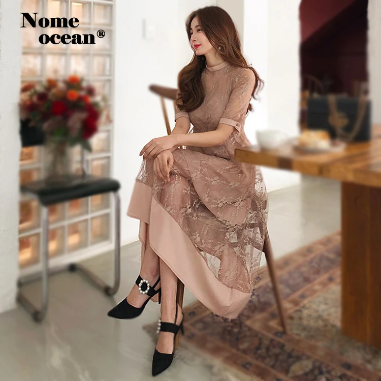 Женское кружевное платье макси с круглым вырезом и вышивкой летнее высокой