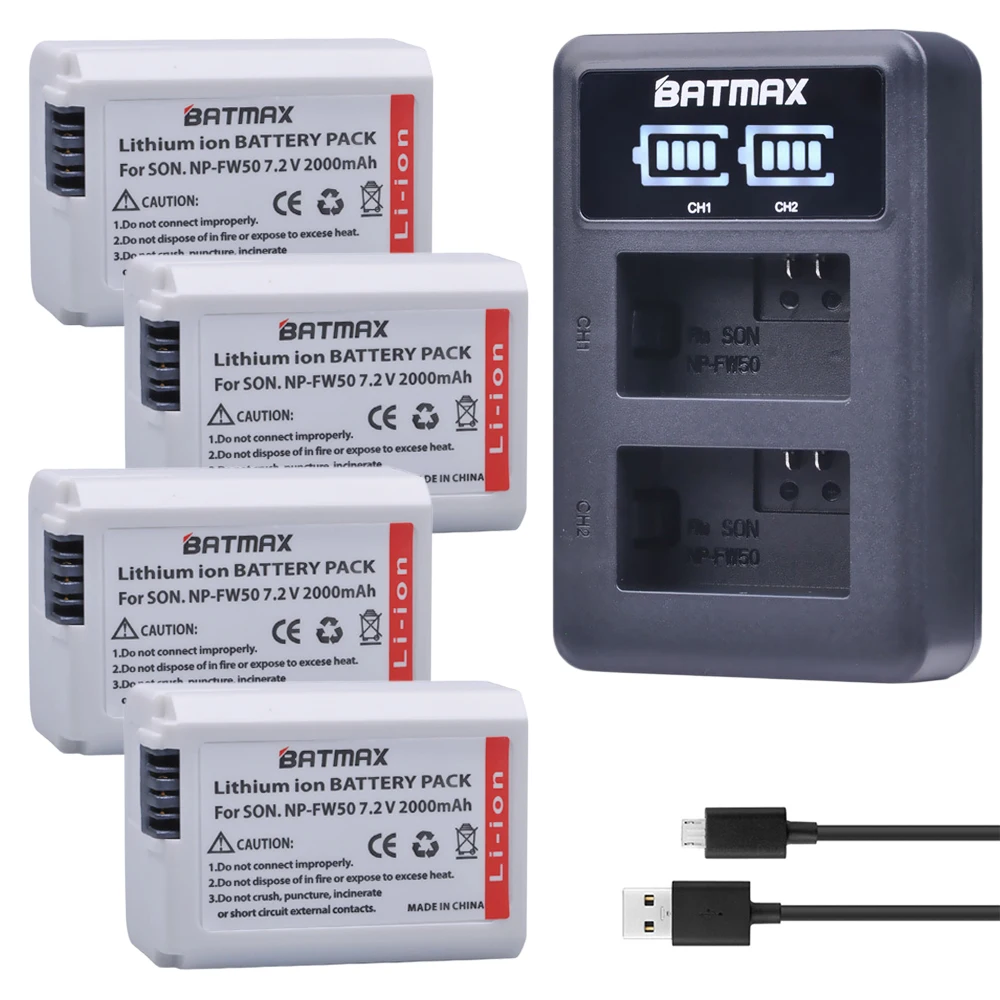 Batmax 4 шт. 2000mAhNP FW50 NPFW50 NP батарея + светодиодное зарядное устройство для SONY NEX 5T 5R 5TL A7R