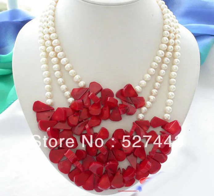 

Wholesale free shipping 3row white round freshwater pearl red coral necklace