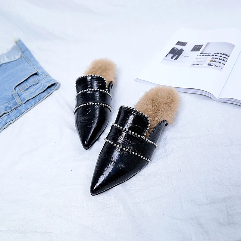 2020 Autumn New Sexy Women Slippers Outdoor Bead Low Heels Elegant Shoes Woman Comfortable Western Style Ladies Black | Обувь