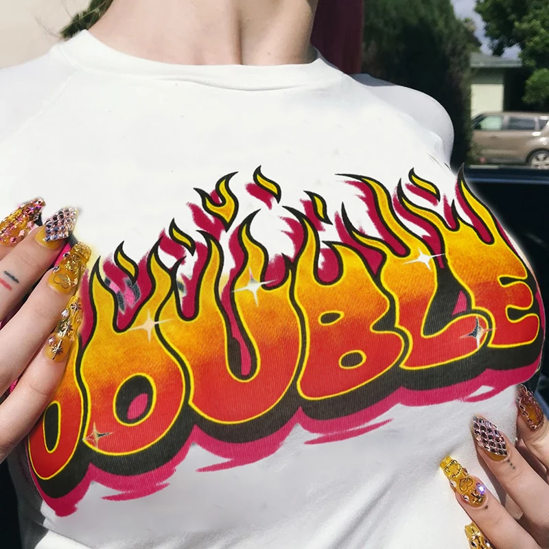 Fire Print Sexy Women Summer TShirt Short Sleeve White Basic Harajuku Tee Shirt Casual Crop Top Streetwear Cuteandpsycho