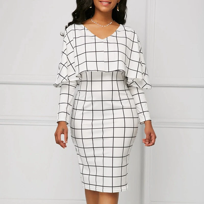 Spring Autumn Clothes Sexy Plaid Print Dress Women Long Cloak Sleeves V Neck Dresses White Office Lady Bodycon Slim Vestidos | Женская