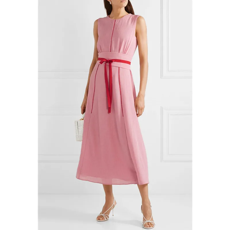 Женское платье с круглым вырезом элегантное до щиколотки без рукавов однотонное