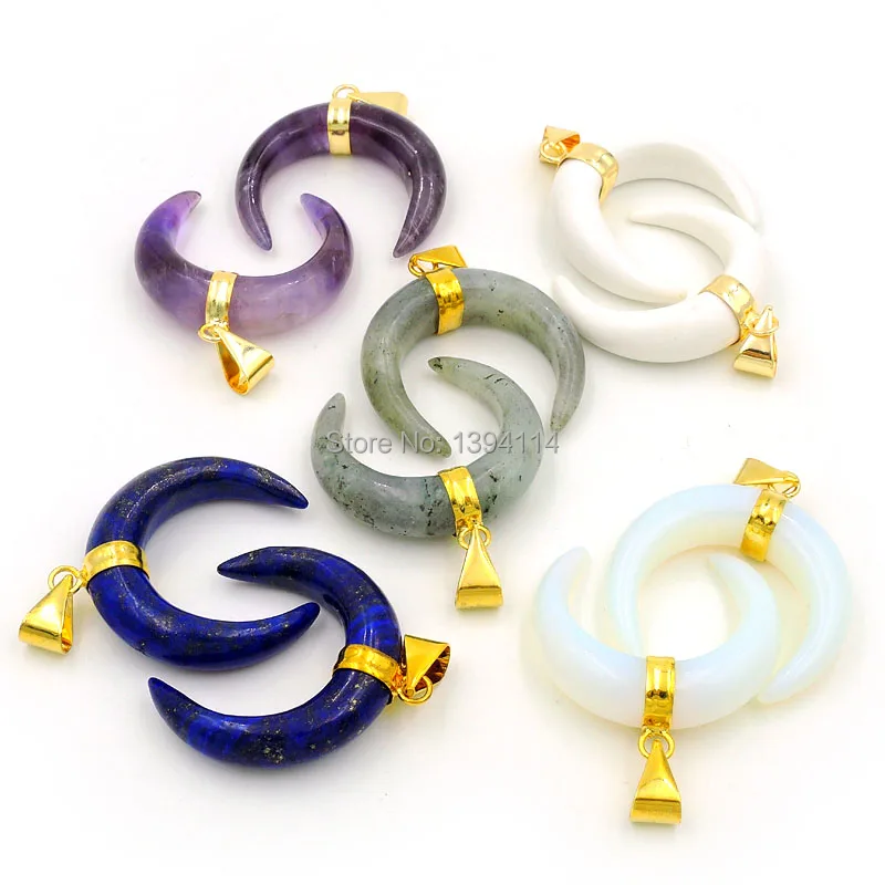 Mixed Stones Pink Quartz/Lapis/Labradorite Crescent Pendants Copper Casing Of Plating Gold Approx 30*30*8mm | Украшения и