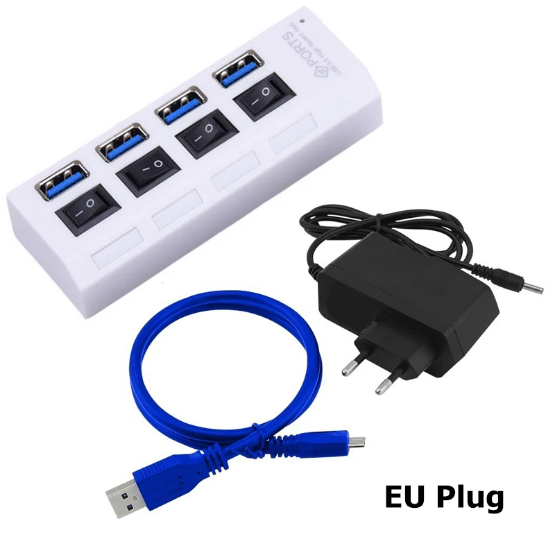 White and EU Adapter Usb-концентратор с несколькими портами 3,0 4 порта USB 3,0 концентратор разделители USB с адаптером питания переключатель 3 Hab для ПК macbook pro компьютерные аксессуары - Цвет: White and EU Adapter