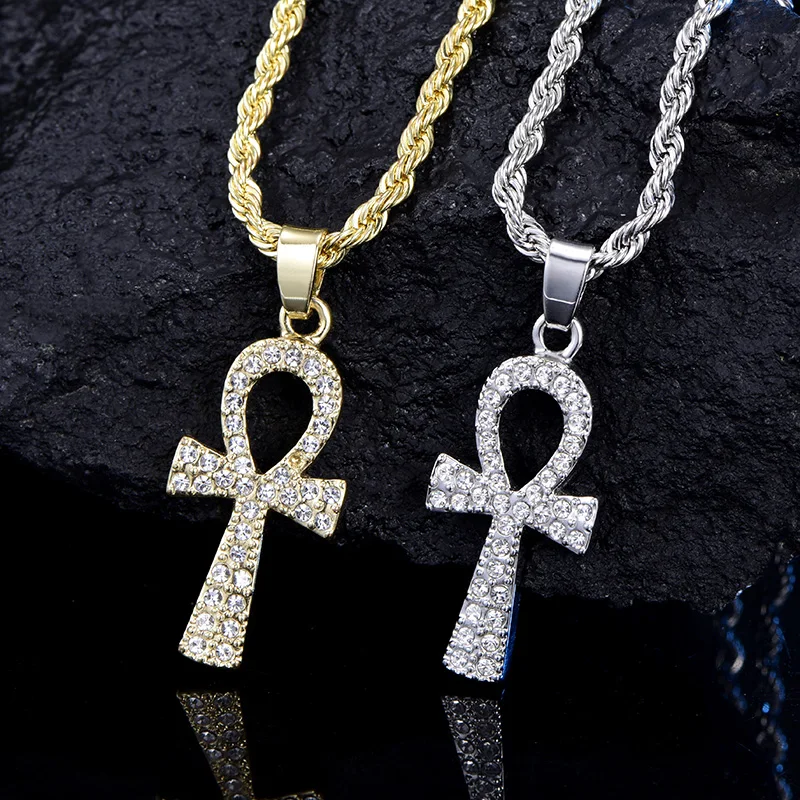

Cross Alloy Pendant For Men Key of Life Egyptian Charm Necklace Hip Hop Jewelry Bling Iced Out Chain Crystal Ankh