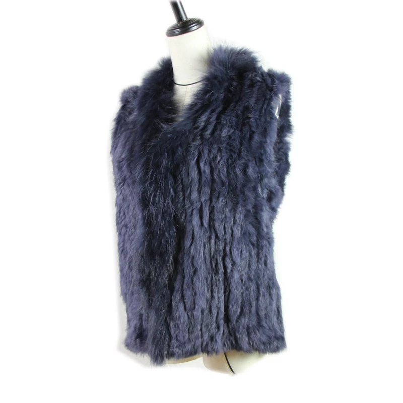 Enlarge 2023 new Women Genuine Natural Real rabbit fur Knitted Vests /Waistcoat/ gilet /coats with  Raccoon Fur collar vest 20 colors