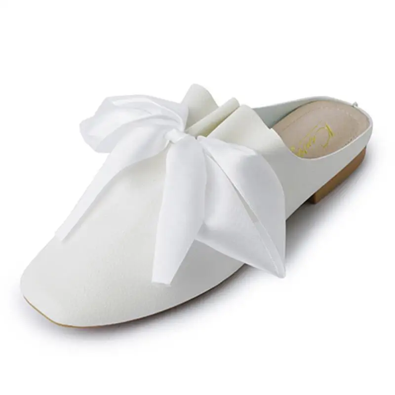 Шлепанцы женские на плоской подошве шёлковые сандалии без задника с бантом квадратный носок шлепанцы