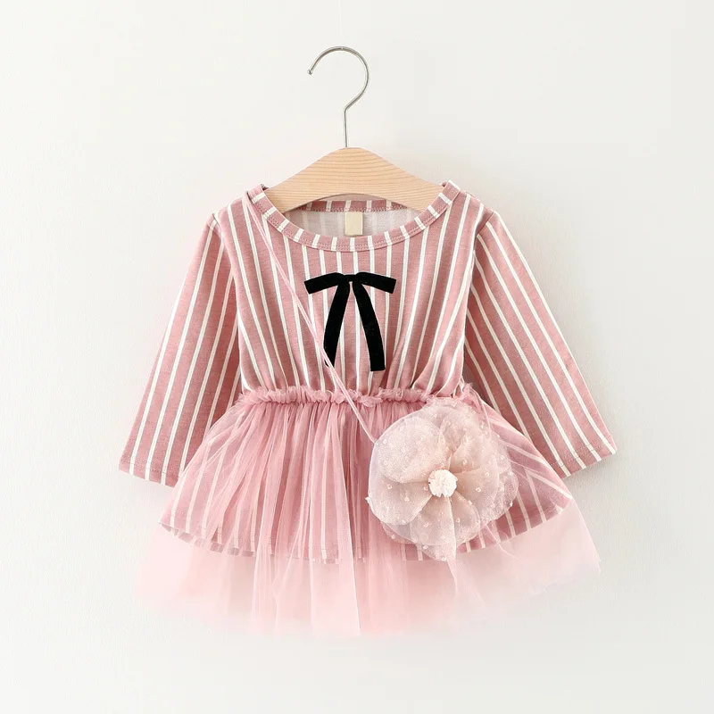 Summer baby dress Stripe Dresses Collar toddler girl clothing for girls Birthday Dress with the floral bag | Детская одежда и