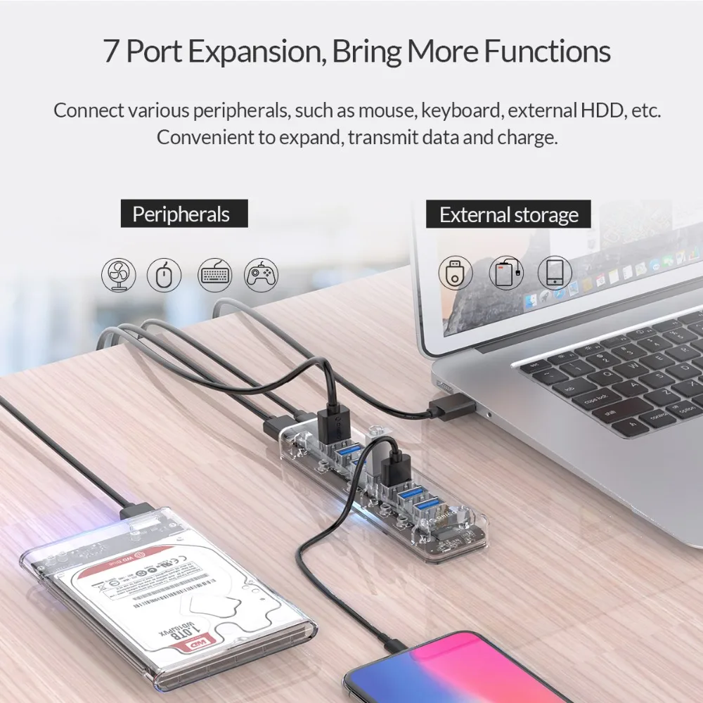 Прозрачный Концентратор ORICO с 7 портами USB 3 0 высокоскоростной usb-разветвитель 5