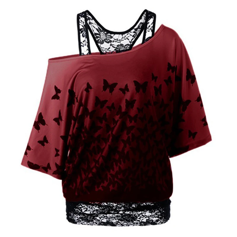 

Summer Women T-shirt 2017 Fashion Butterfly Print Patchwork Sexy Lace Short Sleeve T-shirt Plus Size 5XL T-Shirt LJ9294R